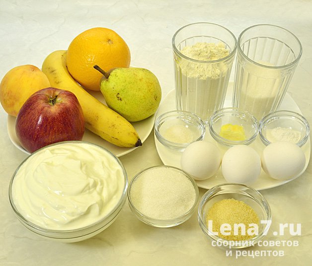 Ингредиенты для приготовления бисквитного желатинового торта с фруктами