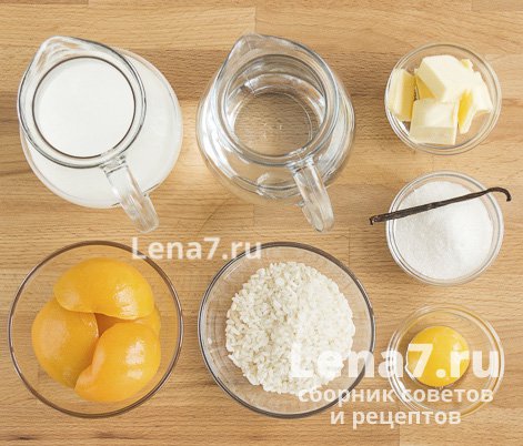 Ингредиенты для приготовления рисового пудинга с персиками