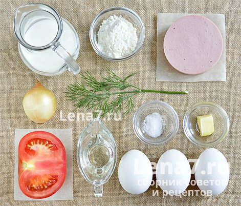 Ингредиенты для приготовления омлета с колбасой и помидорами в духовке