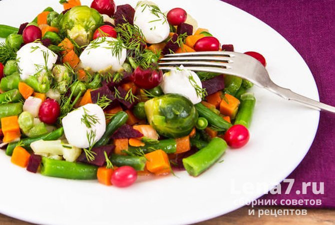 Овощной салат с зеленой фасолью, моцареллой и клюквой
