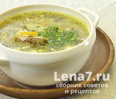 Готовый суп в порционной тарелке, украшенный зеленью